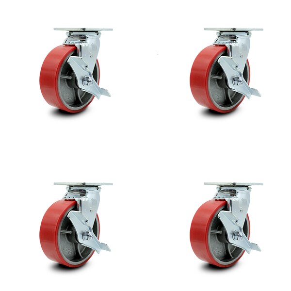 6 Inch Red Poly on Steel Caster Set with Roller Bearings and Brake/Swivel Lock
